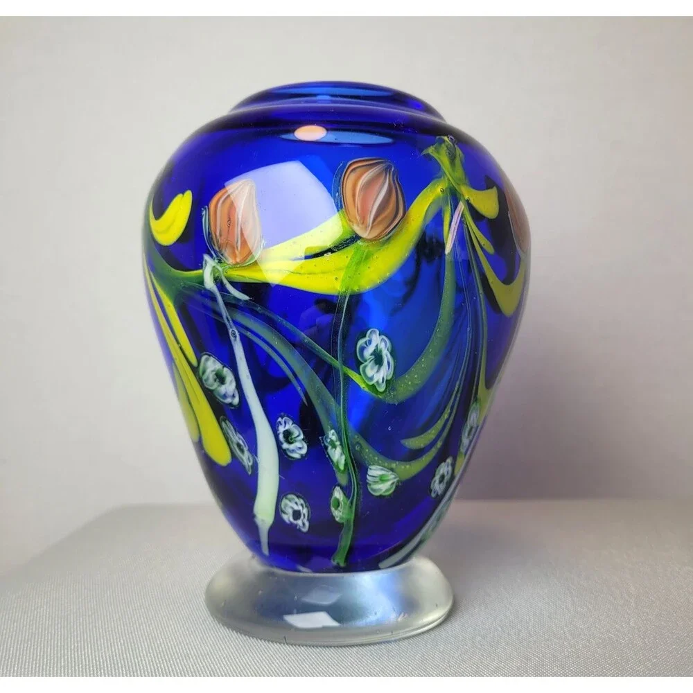 Kusak Art Glass Paperweight Pedestal Vase Cobalt Blue with Cased Flowers 5.5”
